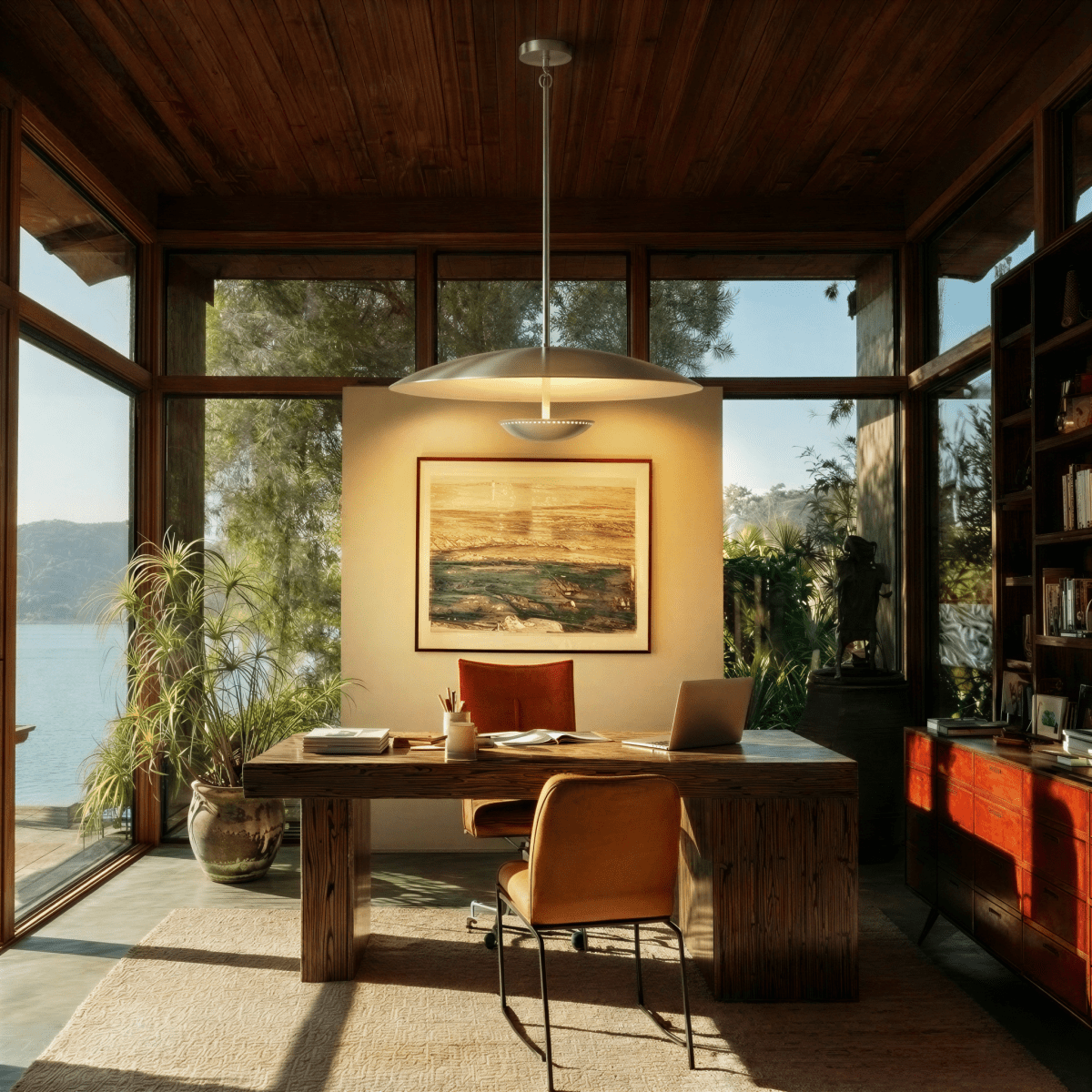 Oralis Metal Pendant Light, shown in scale within a hallway