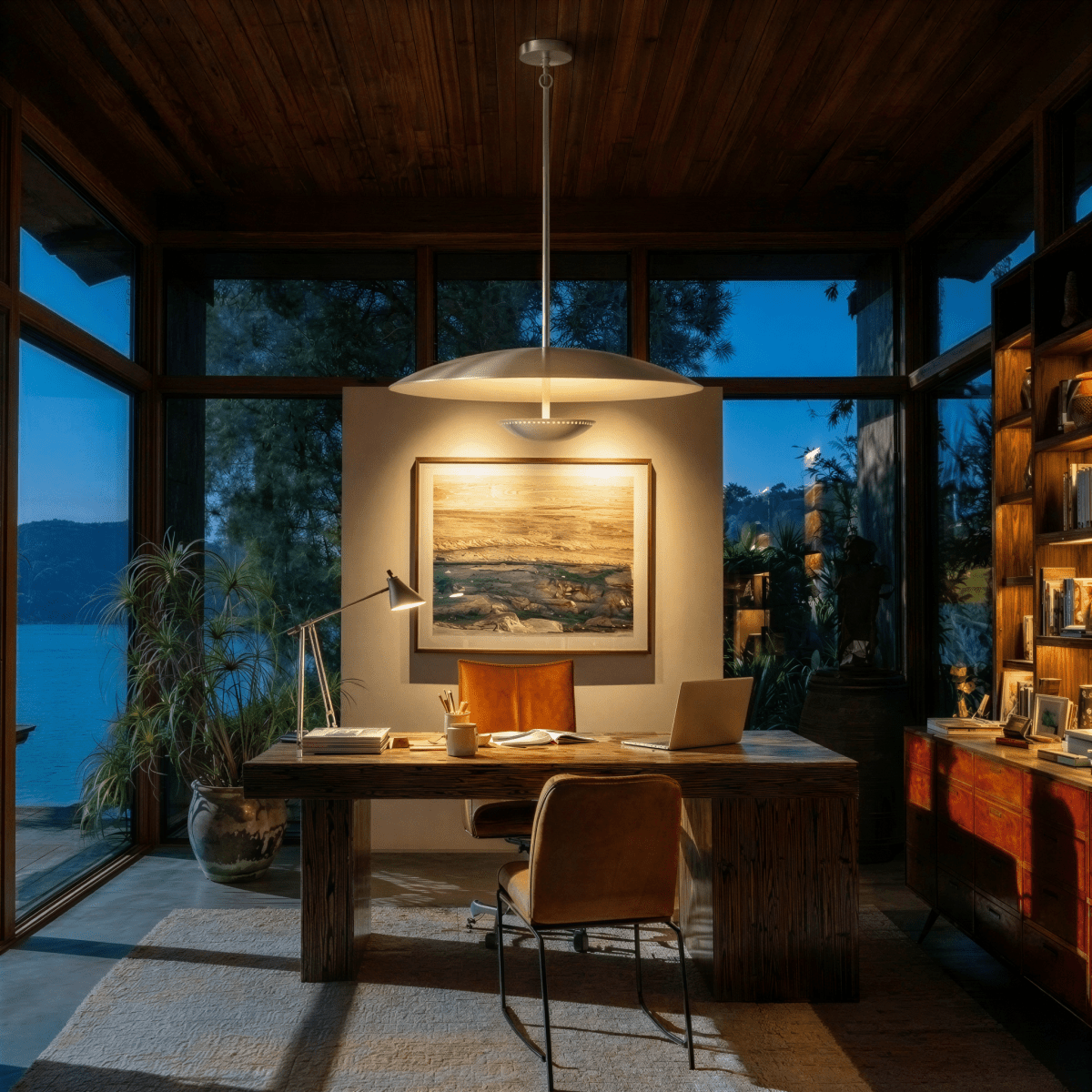 Oralis Metal Pendant Light, second lit and hanging in a styled room