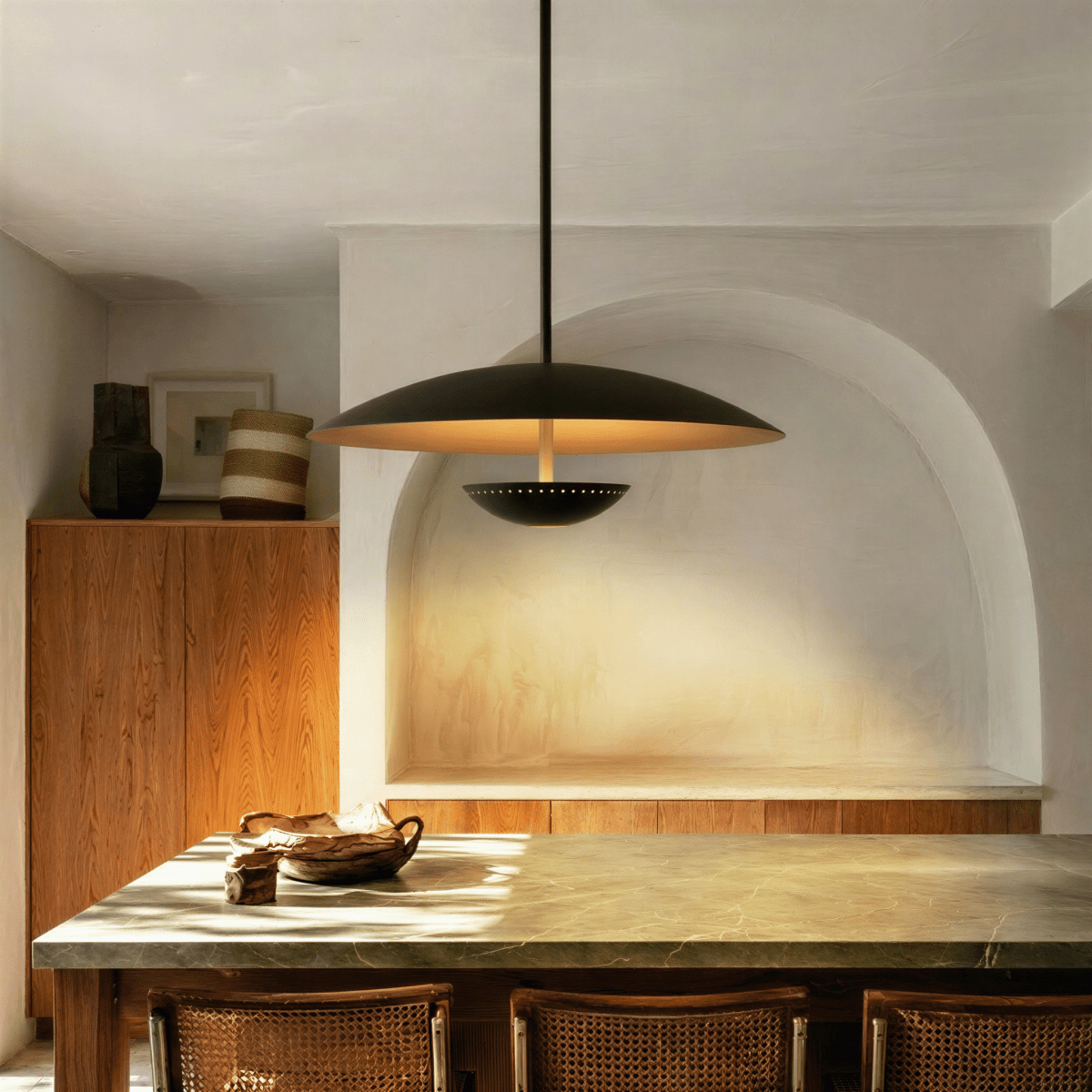 Oralis Metal Pendant Light, styled above a dining table