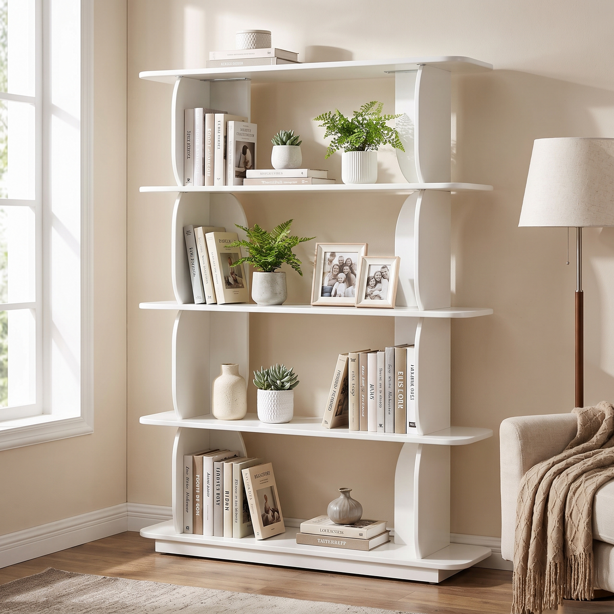 Padua 62" Engineered Wood Bookshelf, Ivory White, styled in a room setting