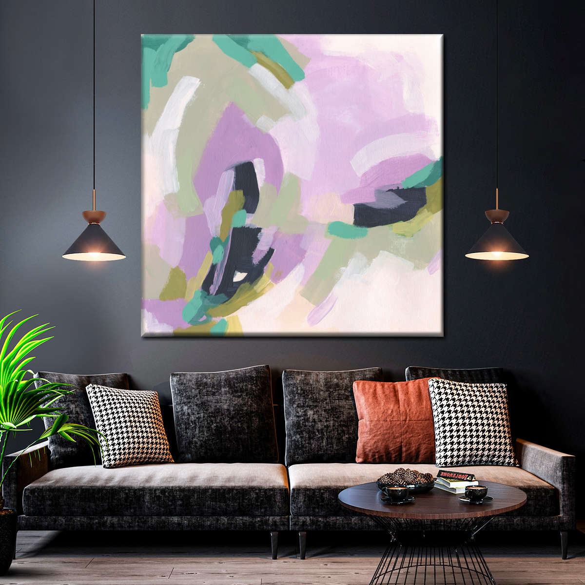 Pastel Brush Abstract III Wall Art, styled in a living room