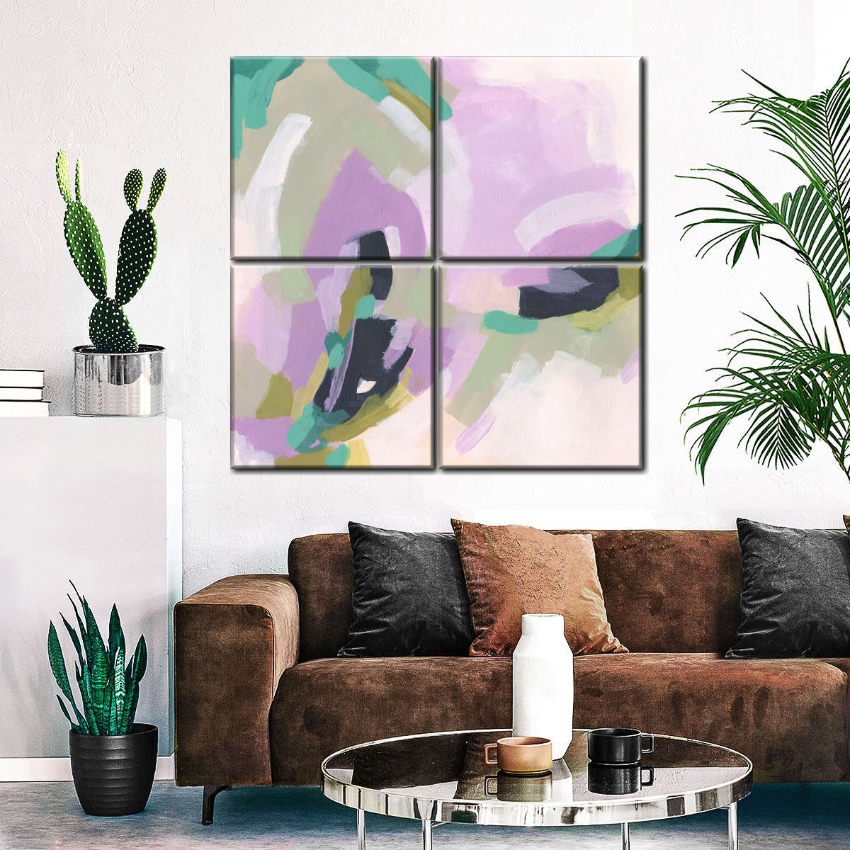 Pastel Brush Abstract III Wall Art, styled above a sofa