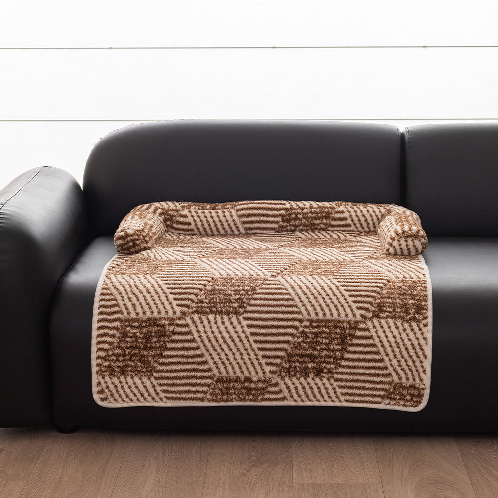 Patchwork Plush Bolster Pet Sofa Bed, plush surface texture close up
