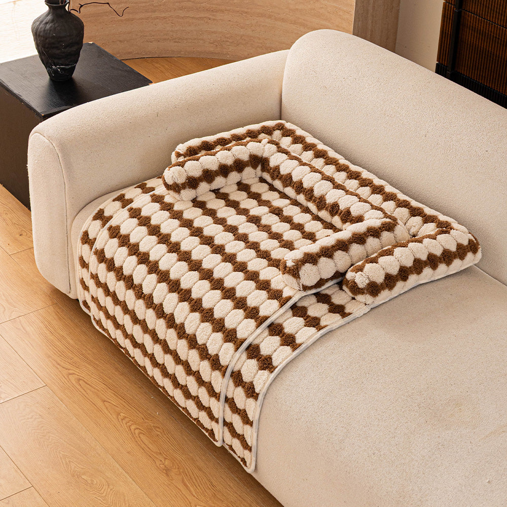 Raised Pebble Plush Bolster Pet Sofa Bed, cover and base detail