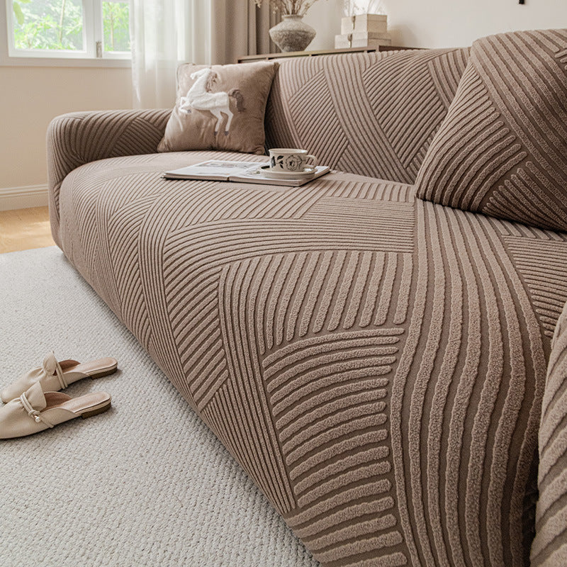 Ribbed Jacquard Velvet Sofa Slipcover, styled in a living space