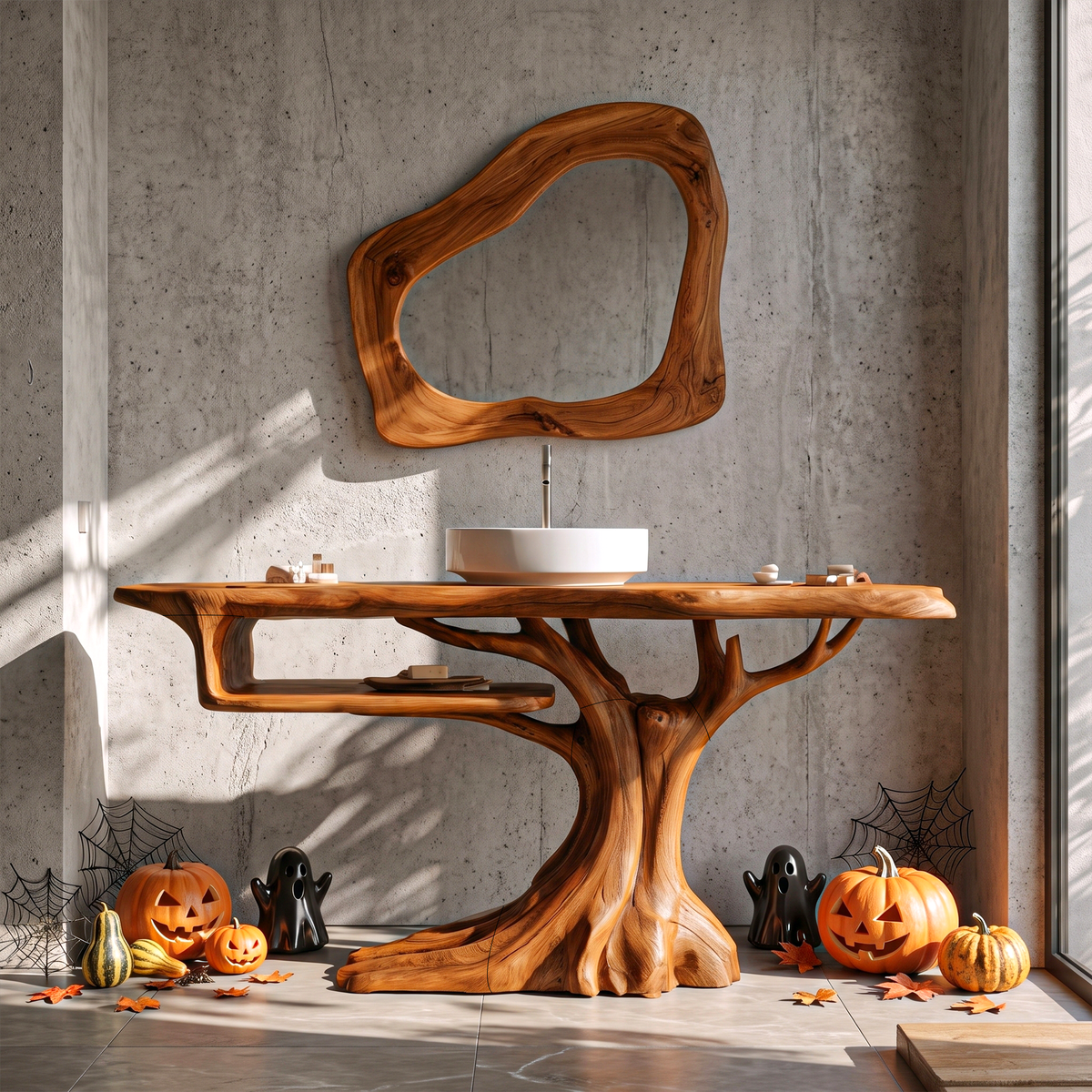 Rustic Halloween Wooden Bathroom Vanity With Branch, full vanity styled in a bathroom