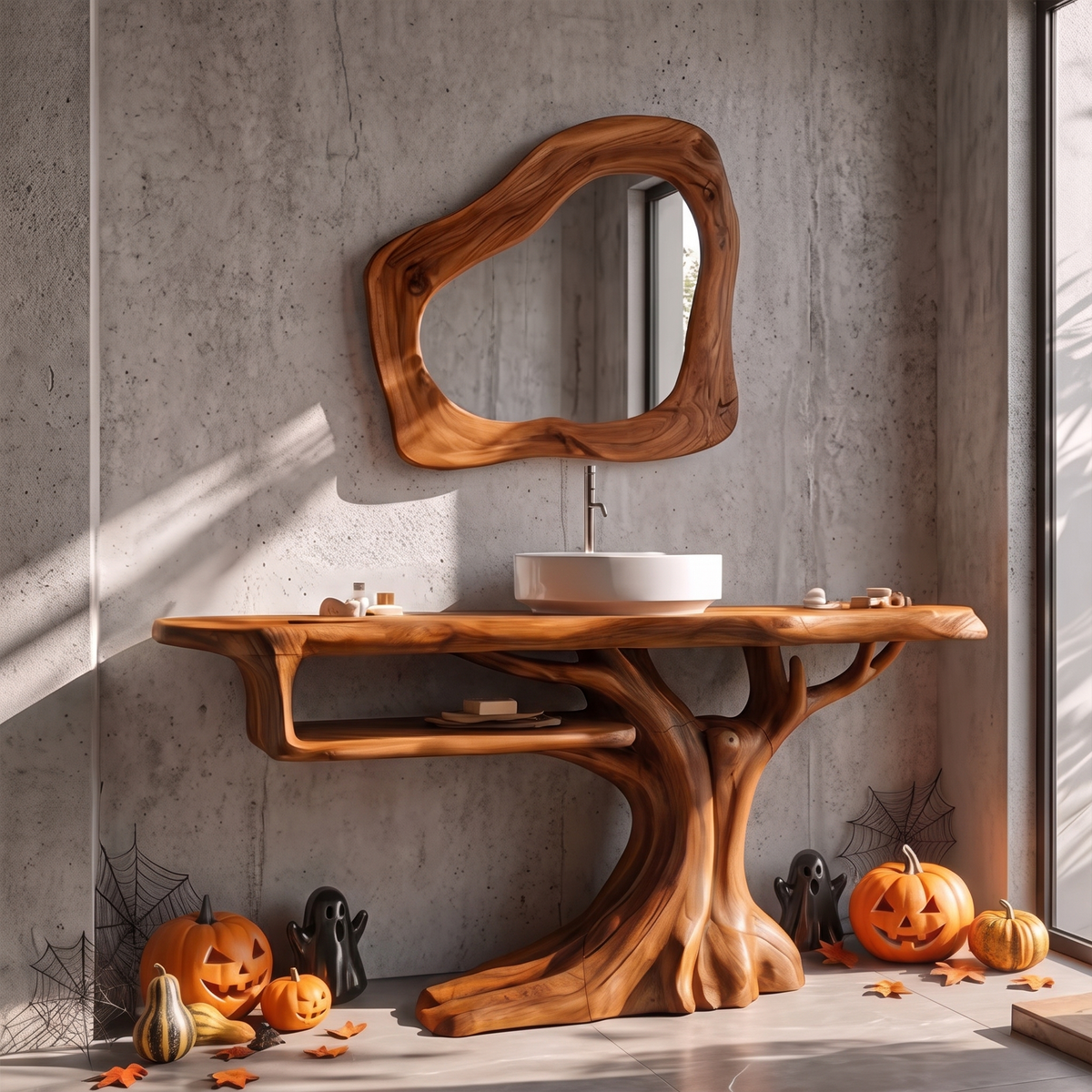 Rustic Halloween Wooden Bathroom Vanity With Branch, grain and finish close up