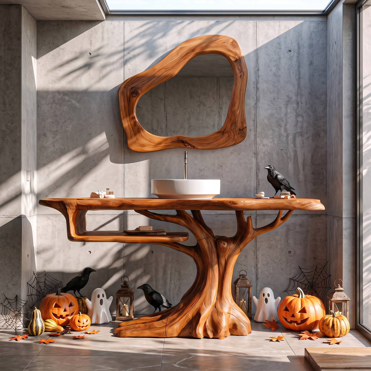 Rustic Halloween Wooden Bathroom Vanity With Branch, brown finish