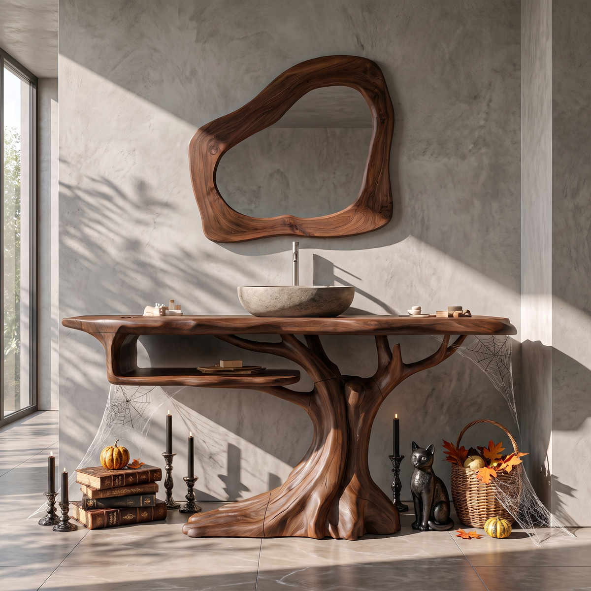 Rustic Halloween Wooden Bathroom Vanity With Branch, walnut finish