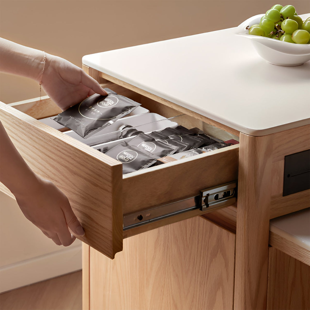 Scandinavian Oak Wood Sintered Stone Extendable Island Dining Table With Cabinet FLEXA