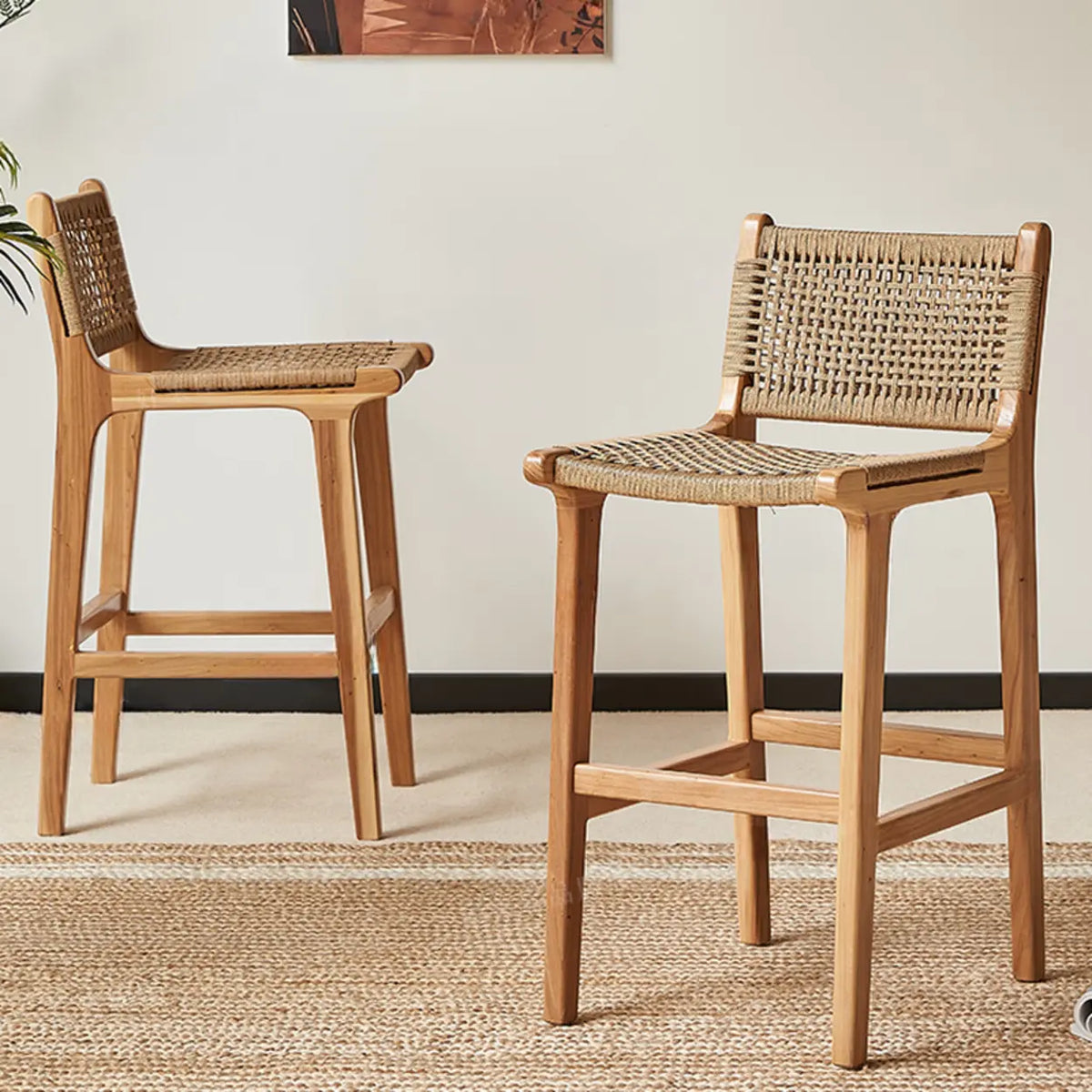 Scandinavian Woven Rope Wood Bar Stool with Low Back