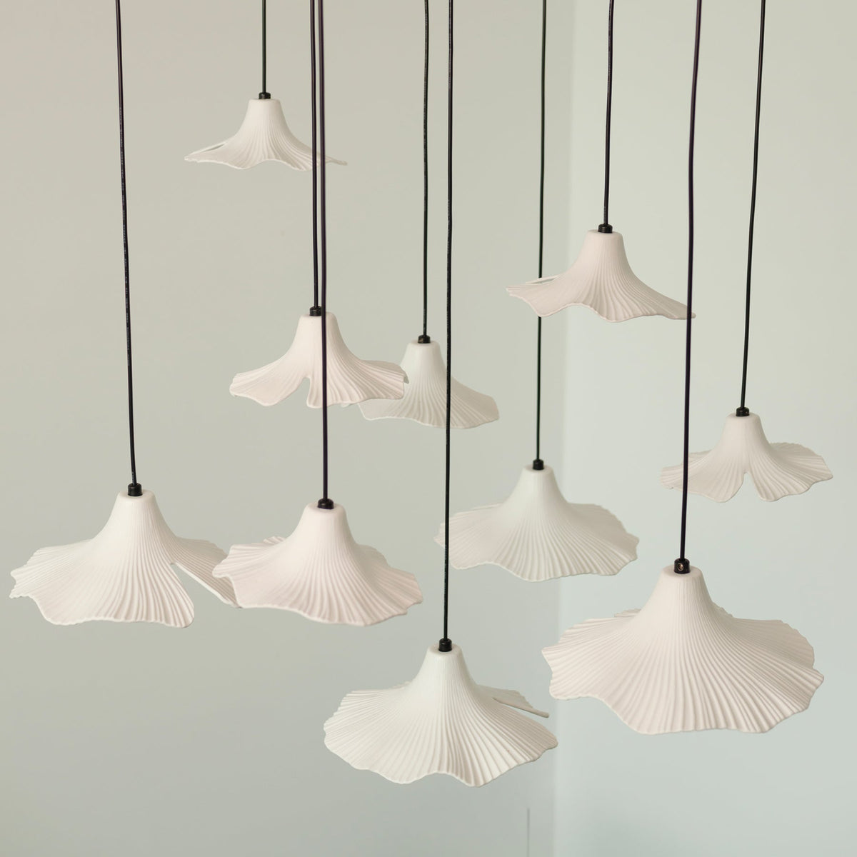 Sculptural Porcelain Ginkgo Leaf Wabi-sabi Pendant Light, angled view
