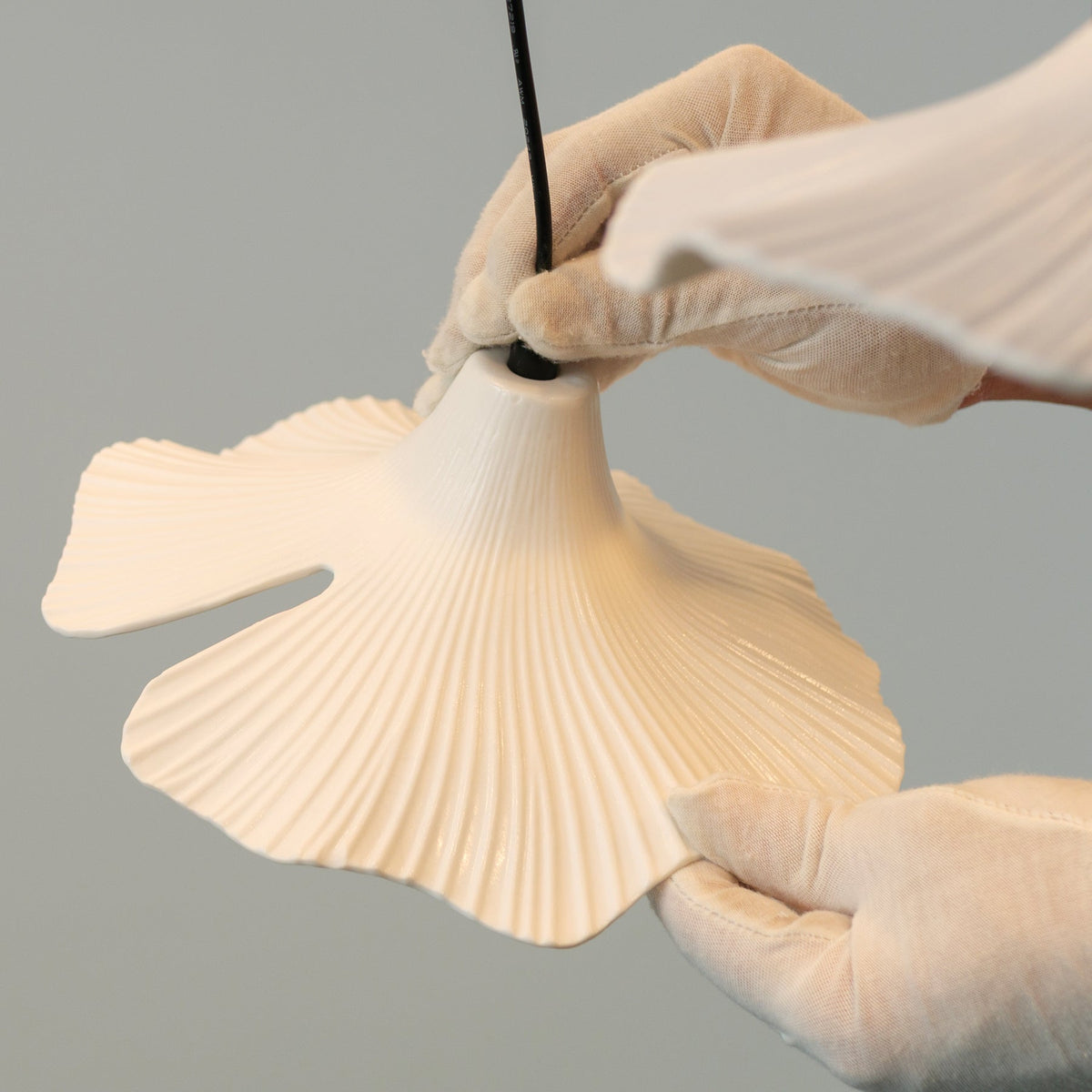 Sculptural Porcelain Ginkgo Leaf Wabi-sabi Pendant Light, finish and hardware close up