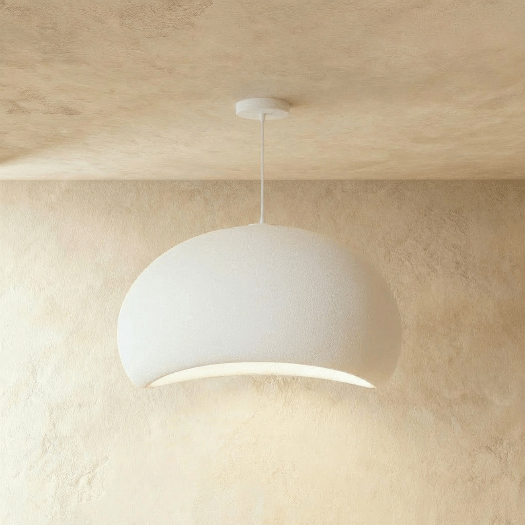 Shibui Metal Pendant Light, second lit and hanging in a styled room