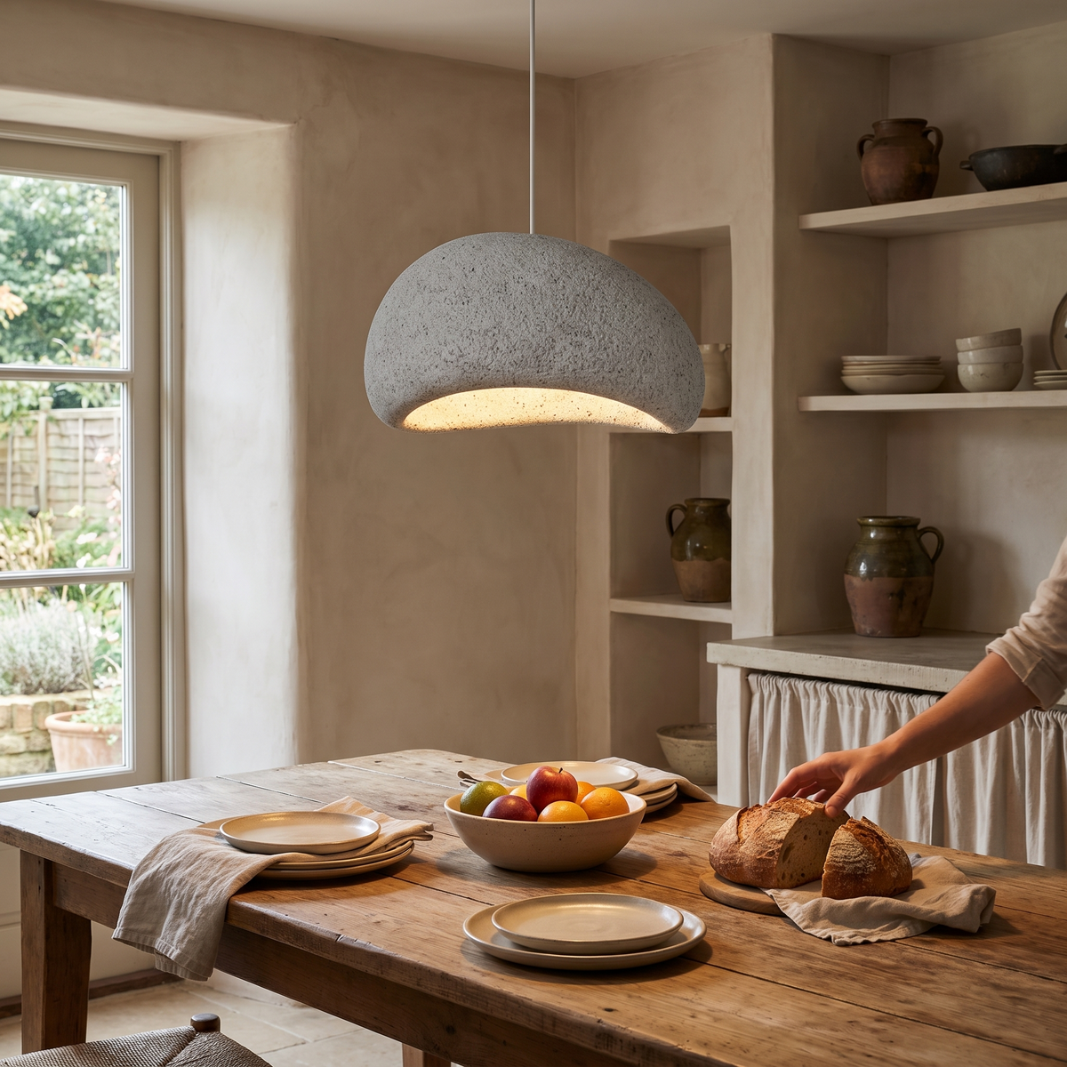 Shibui Sand Metal Pendant Light, lit and hanging in a styled room