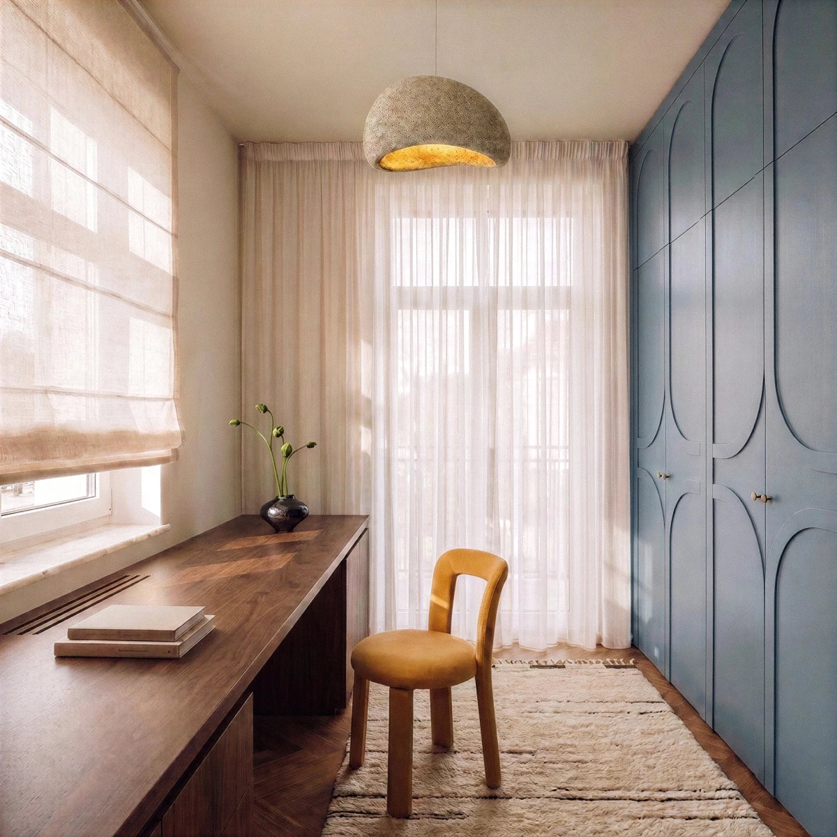 Shibui Sand Metal Pendant Light, second styled above a dining table