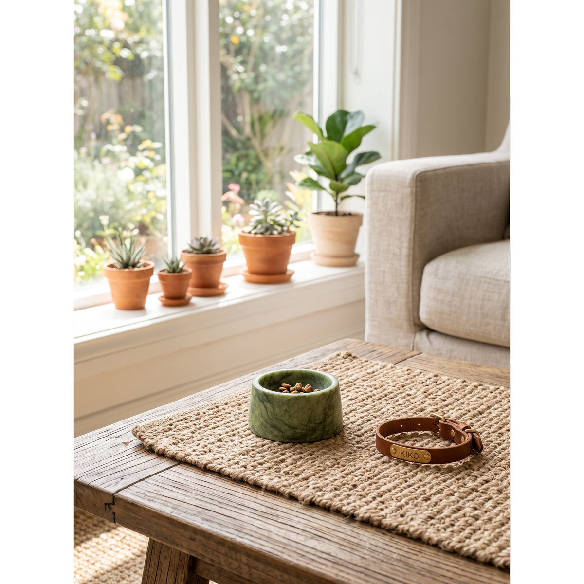 Sierra Marble Pet Bowl, angled three quarter view