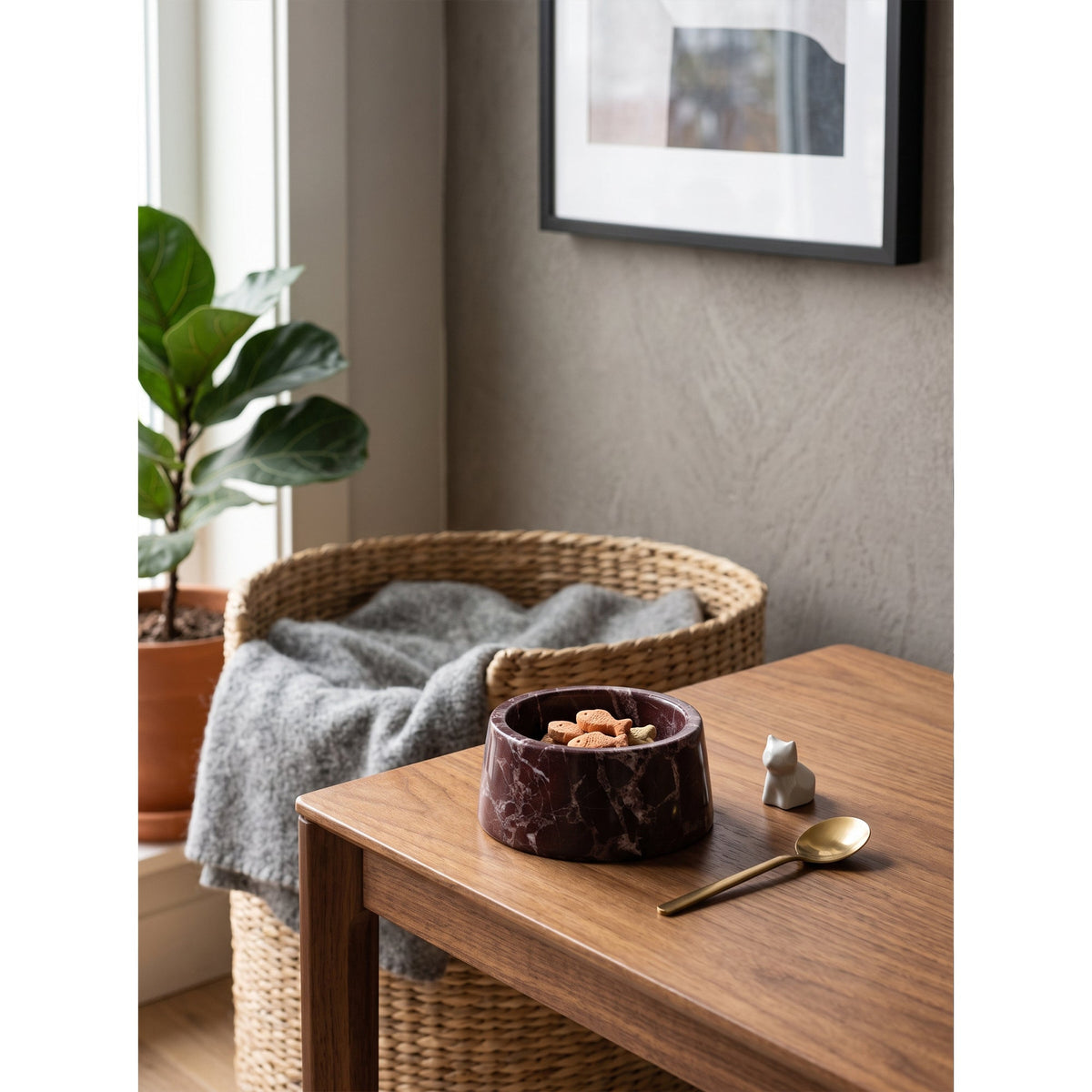 Sierra Marble Pet Bowl, styled in a kitchen