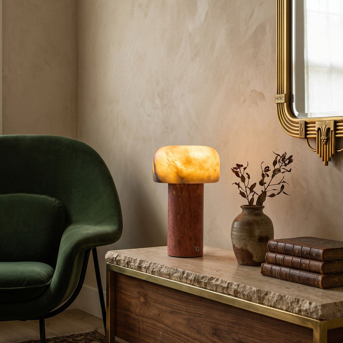 Sorvane Travertine Alabaster Table Lamp, full lamp from the front