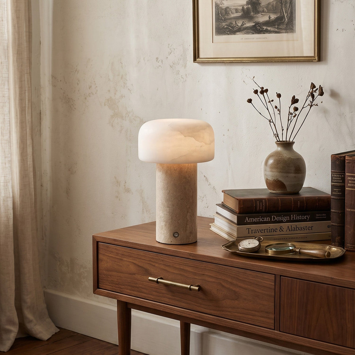 Sorvane Travertine Alabaster Table Lamp, styled on a console