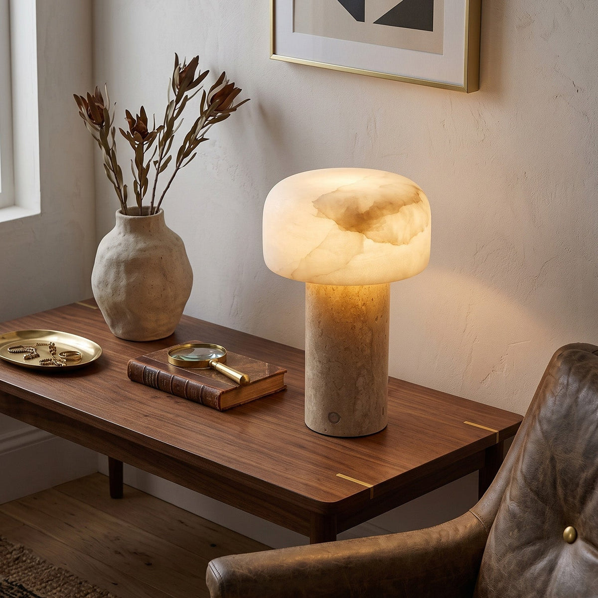 Sorvane Travertine Alabaster Table Lamp, scale beside a book