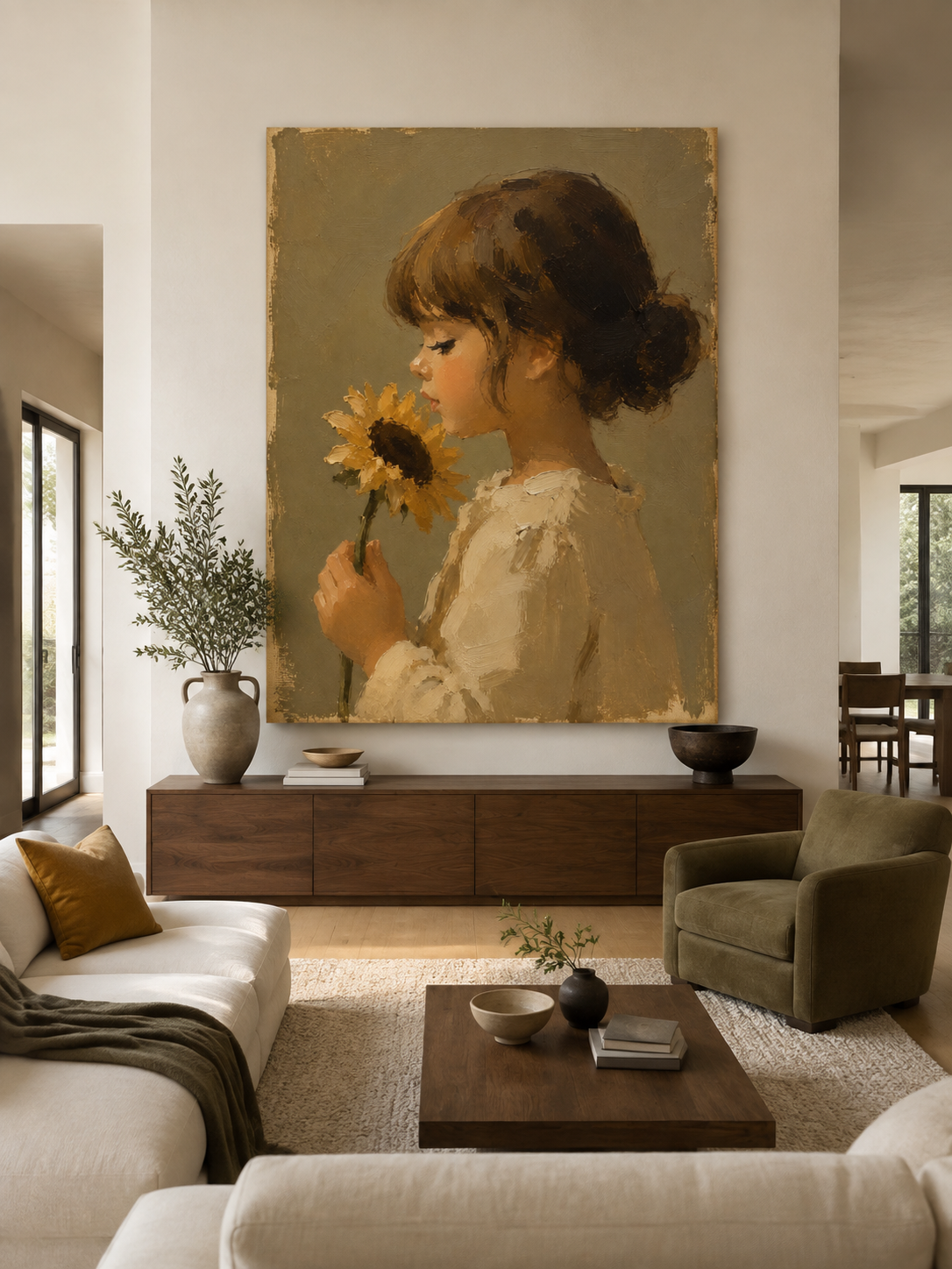 Sunflower Bun Girl Canvas Art, framed and hung on a wall