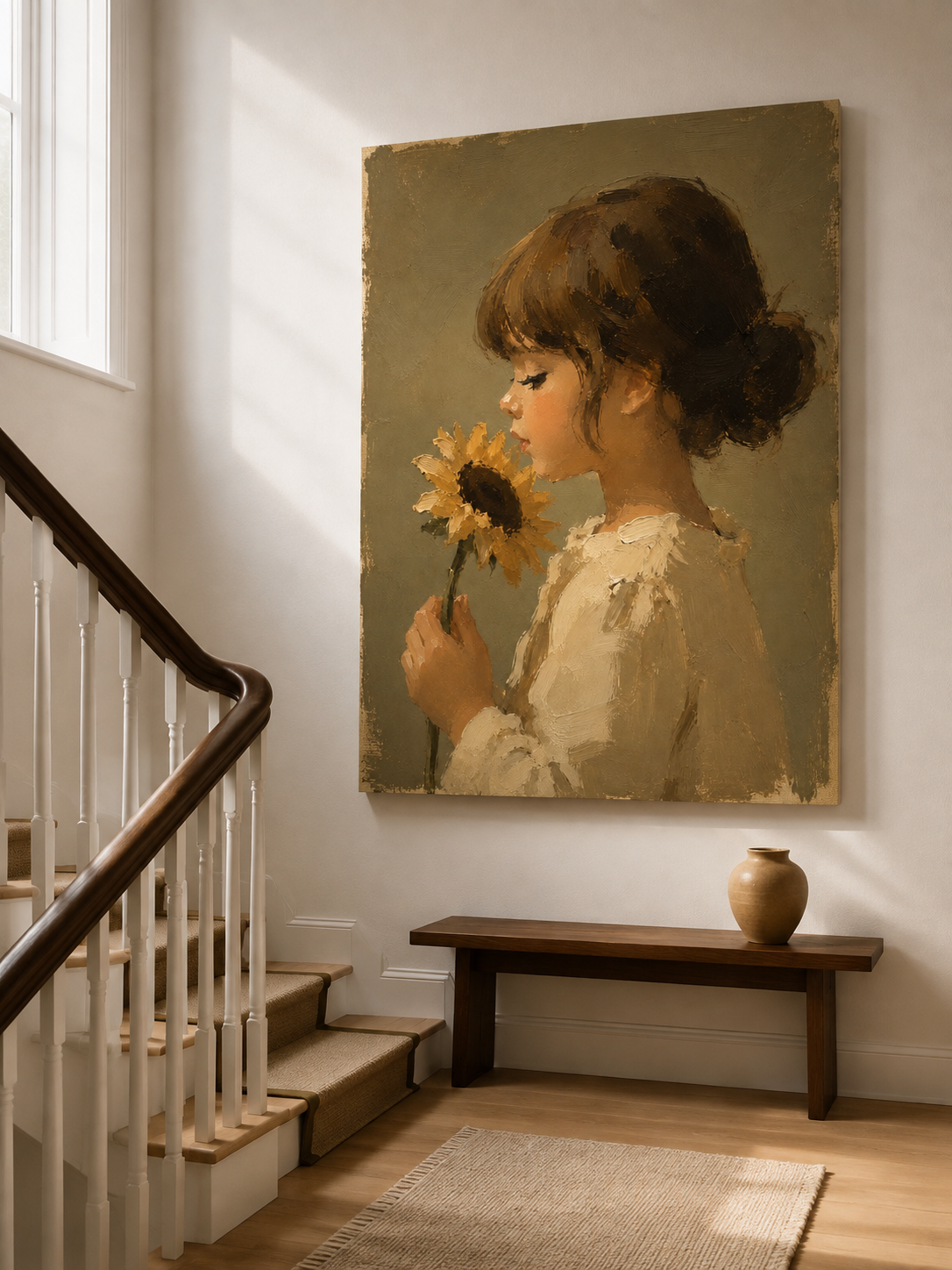 Sunflower Bun Girl Canvas Art, styled in a hallway