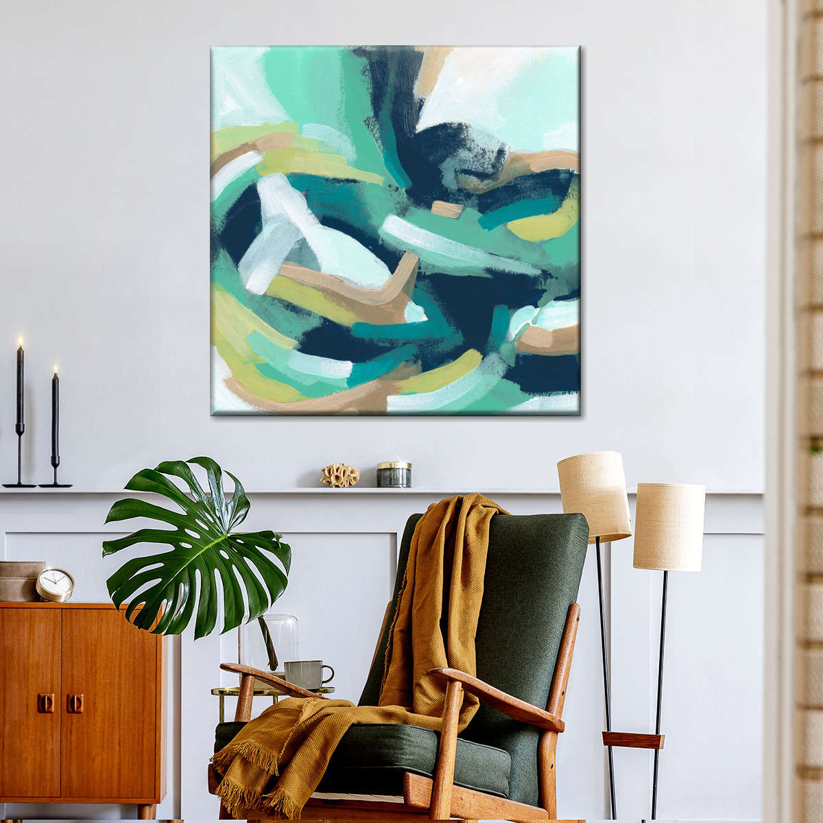Teal Swirl Abstract IV Wall Art, styled in a living room