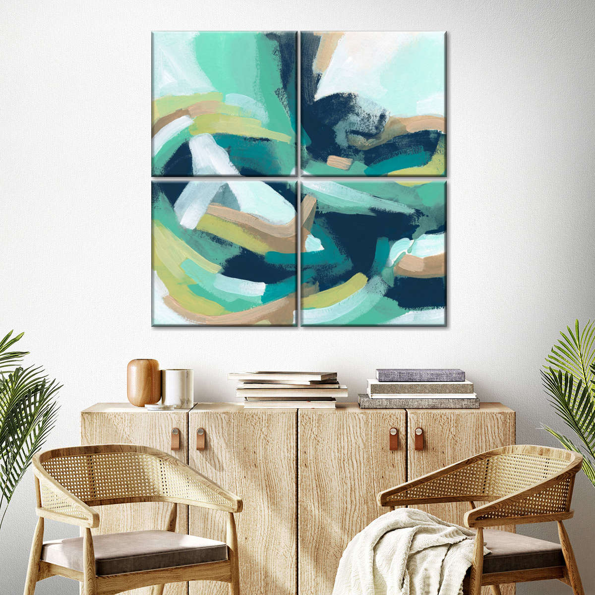 Teal Swirl Abstract IV Wall Art, styled in a hallway