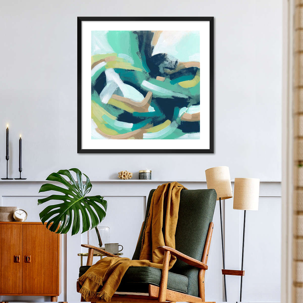 Teal Swirl Abstract IV Wall Art, styled above a sofa
