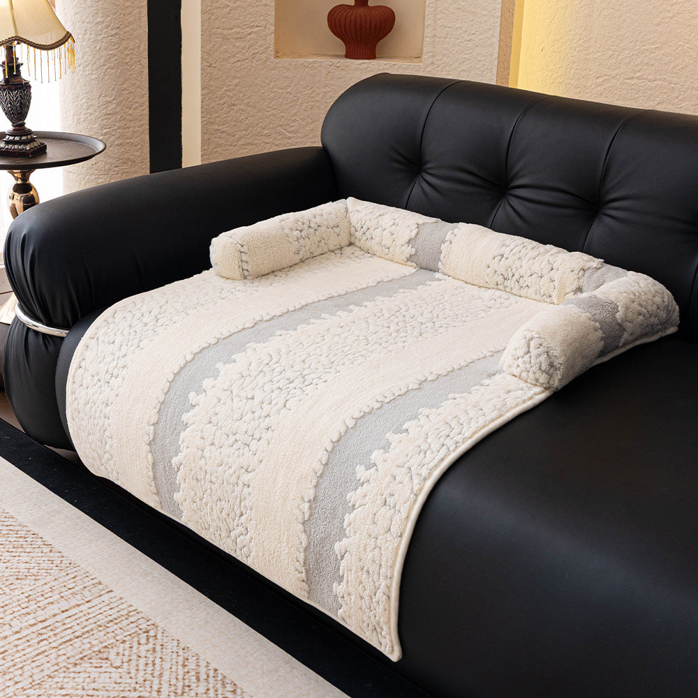 Textured Stripe Plush Bolster Pet Sofa Bed, grey finish