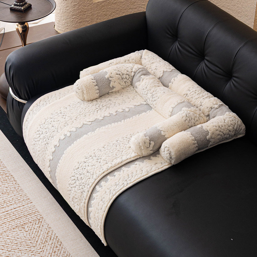 Textured Stripe Plush Bolster Pet Sofa Bed, corner and stitching detail