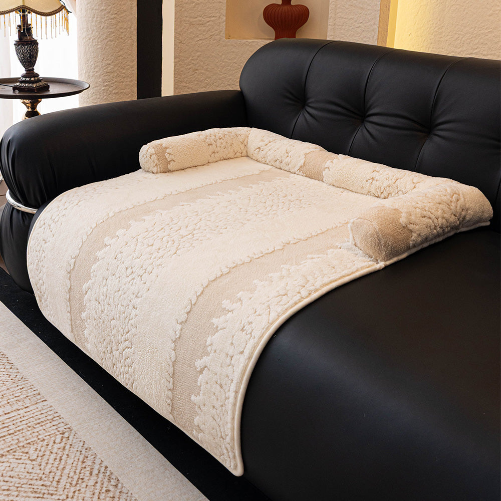 Textured Stripe Plush Bolster Pet Sofa Bed, cream finish