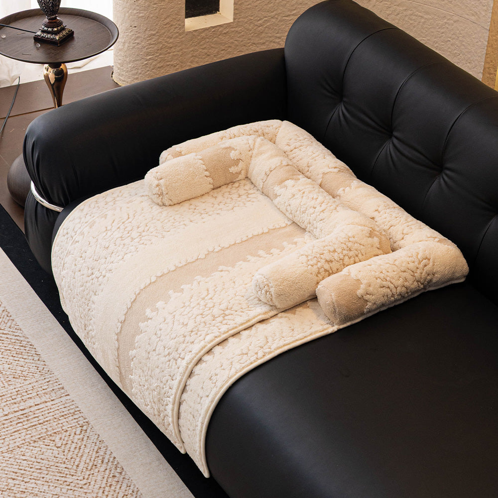 Textured Stripe Plush Bolster Pet Sofa Bed, scale beside furniture