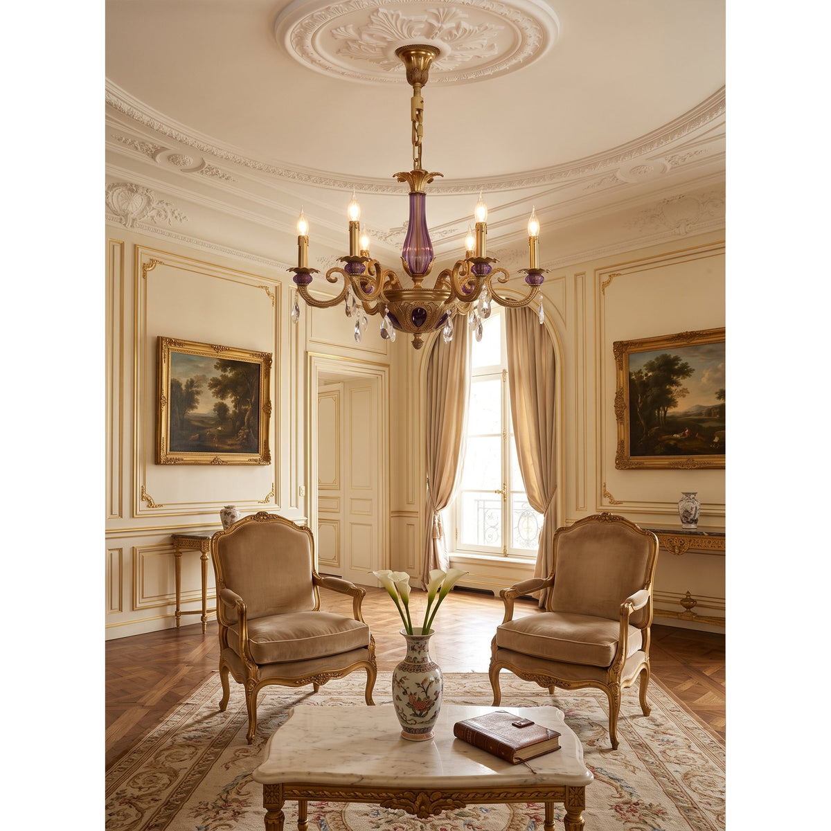 Verona Chandelier, hung above a dining table