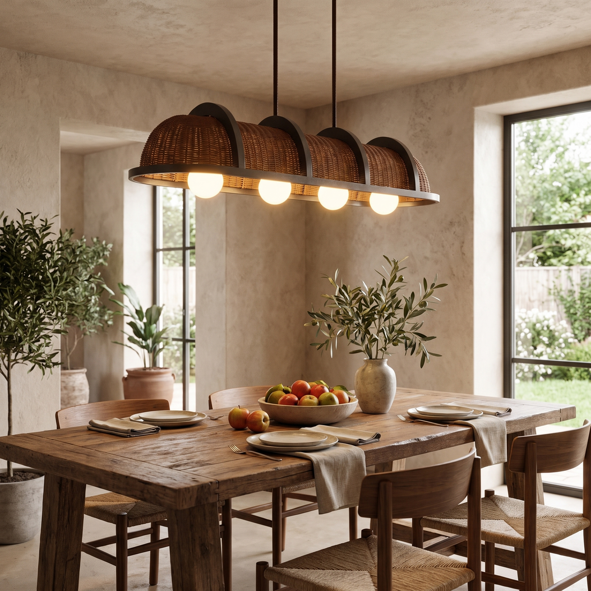 Vetra Metal Pendant Light, lit and hanging in a styled room