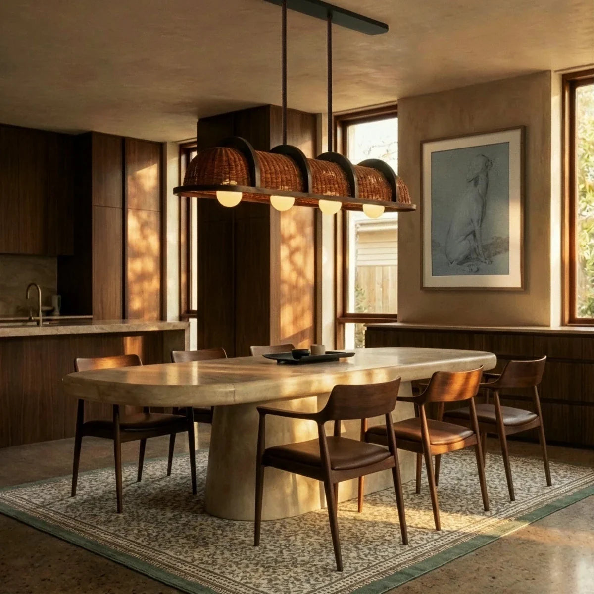 Vetra Metal Pendant Light, second lit and hanging in a styled room