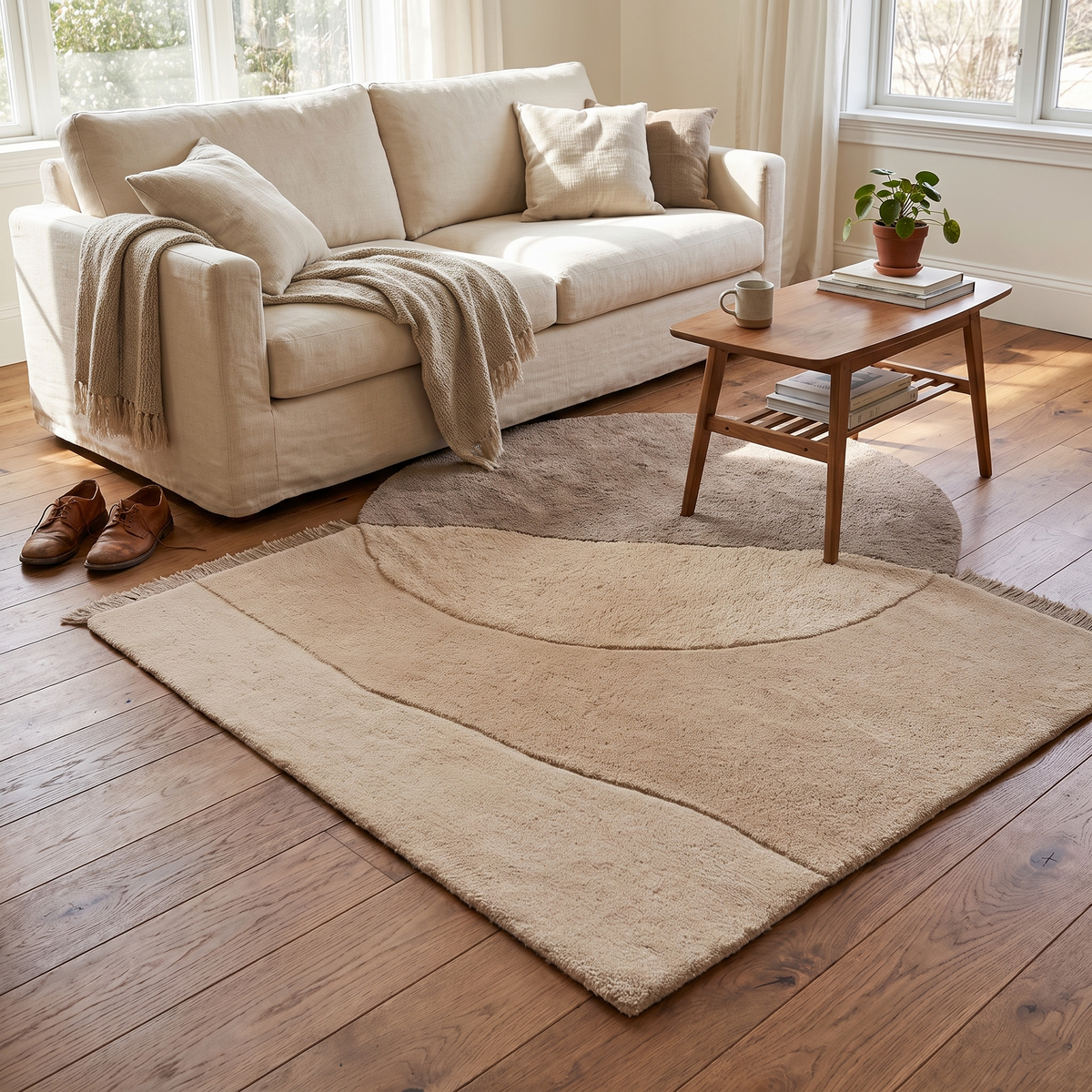 View Tufted Wool Rug, Beige, styled in a room setting