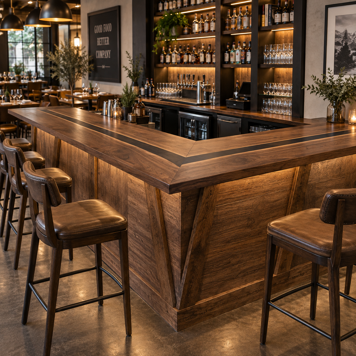 Walnut Black River L-Shape Bar Table, styled in a dining space