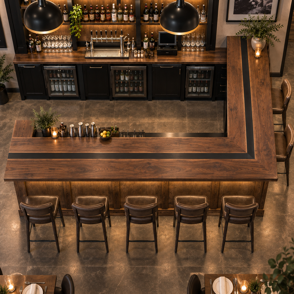 Walnut Black River L-Shape Bar Table, surface finish close up