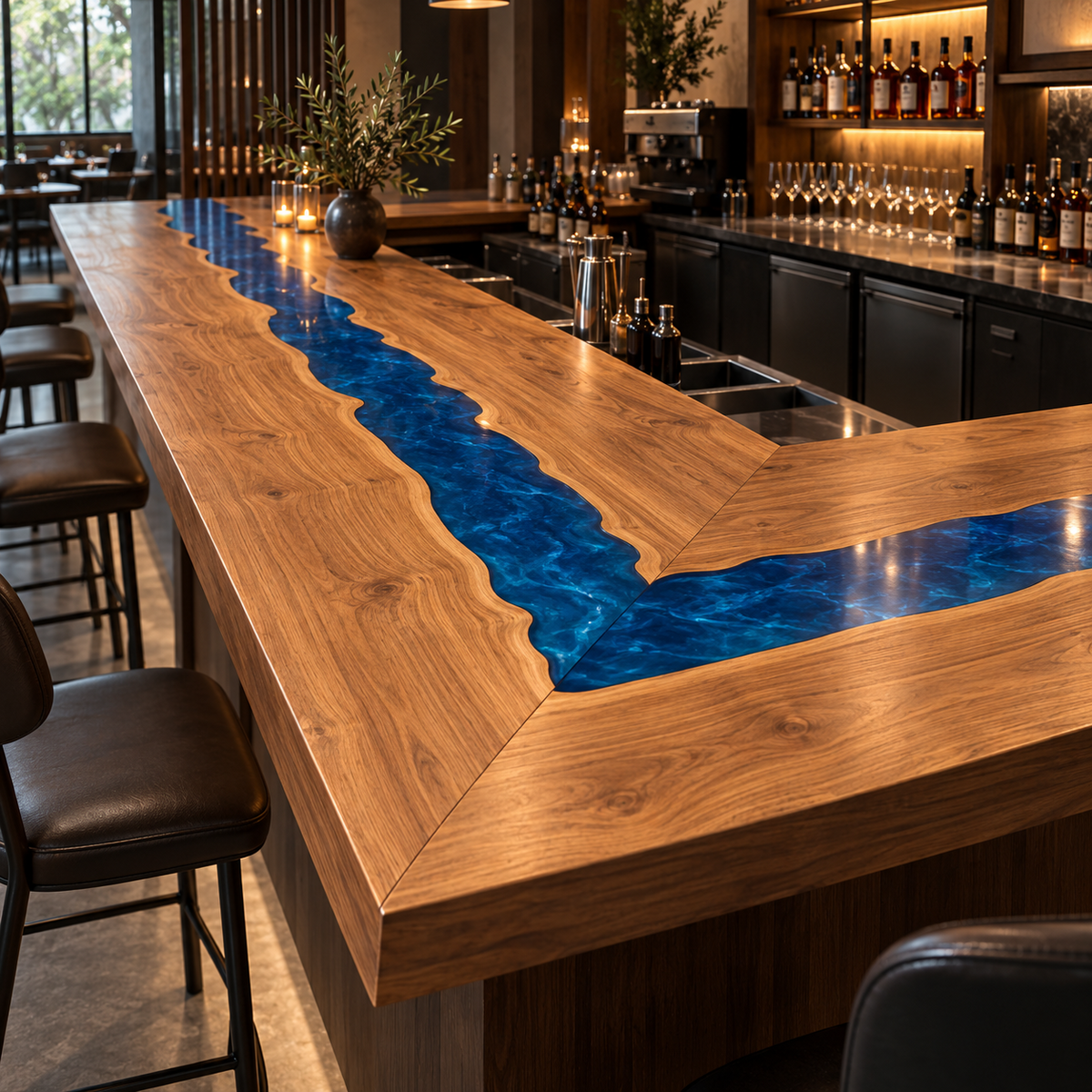 Walnut Blue Epoxy L-Shape Bar Table, surface finish close up