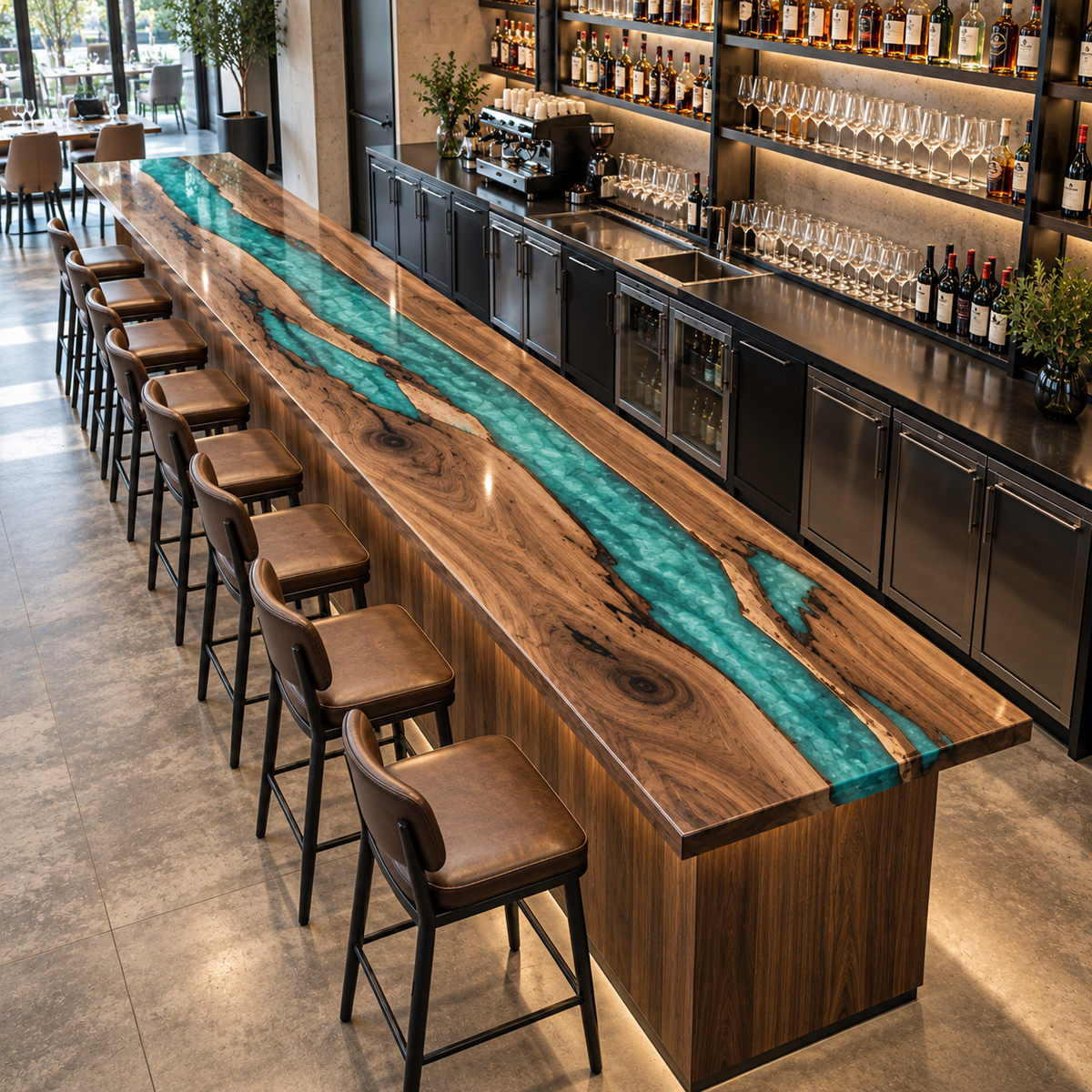 Walnut Swirl Blue Epoxy Bar Counter, edge and grain detail