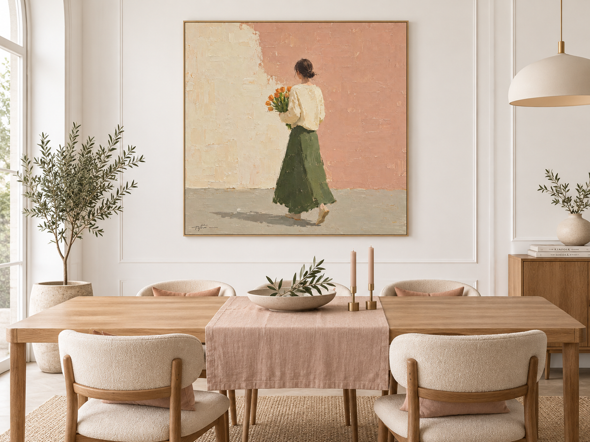 Woman with Orange Tulips Canvas Art, corner and edge detail