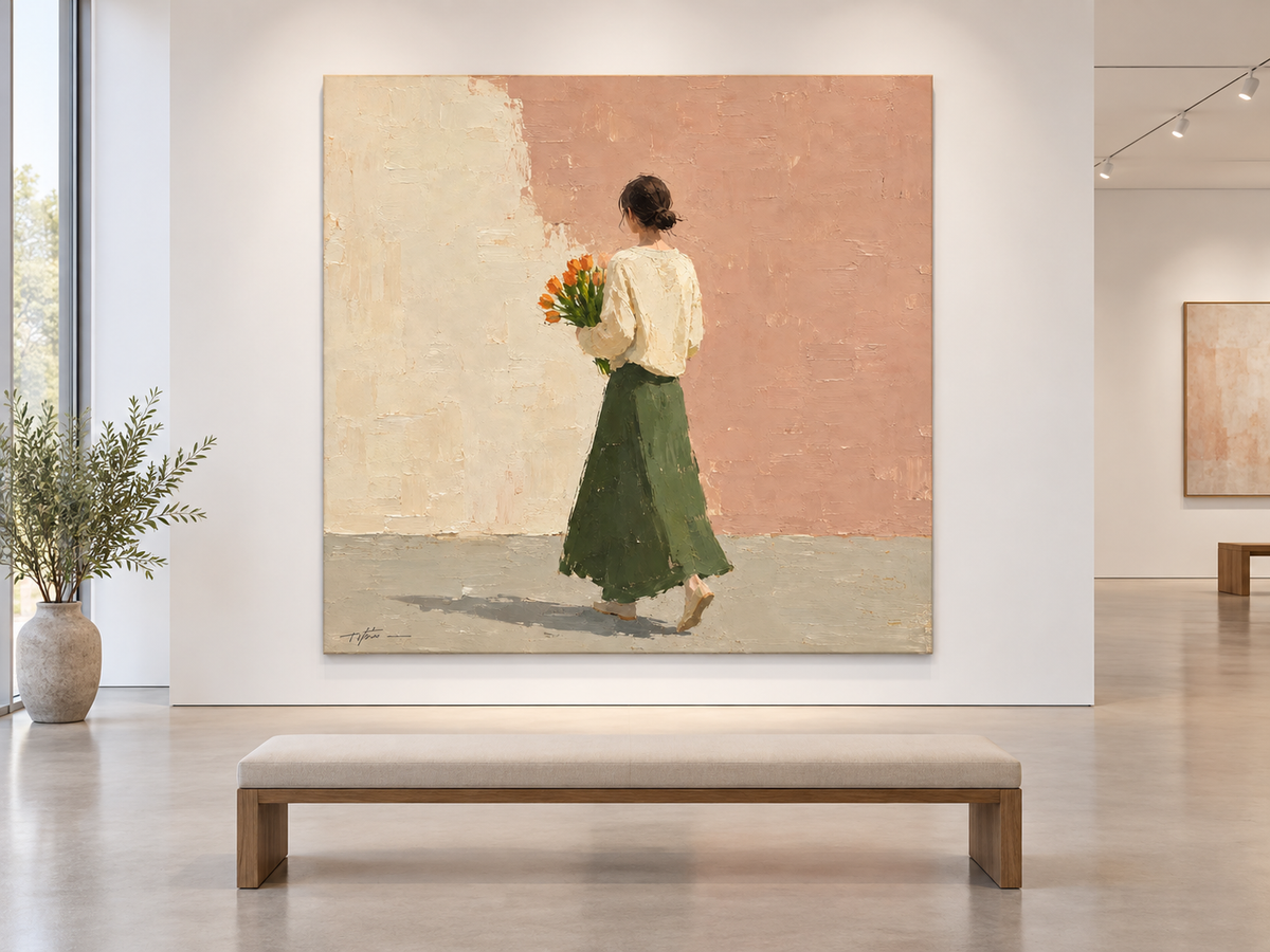 Woman with Orange Tulips Canvas Art, styled in a hallway