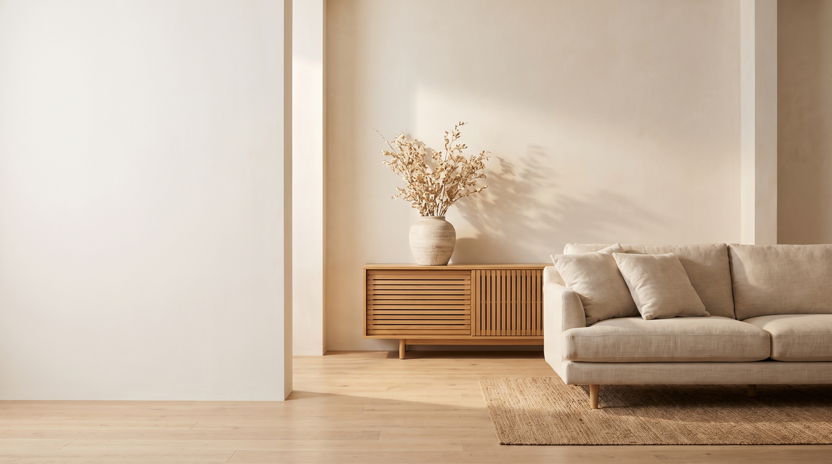 Furniture collection, living room with fabric sofa and oak sideboard