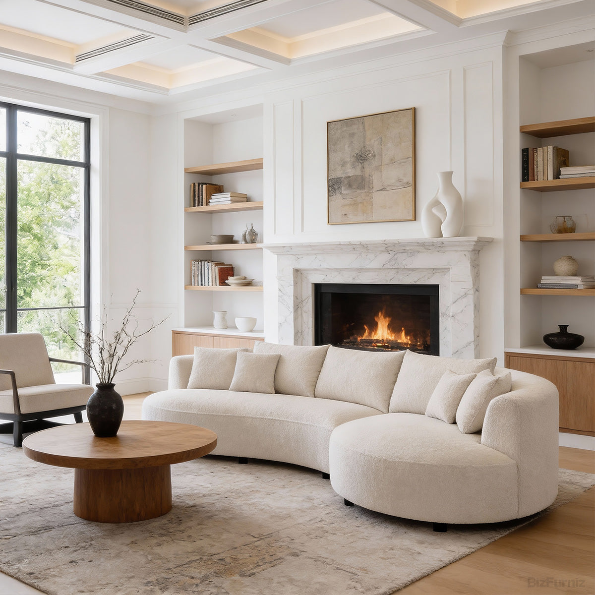 126" Curved Sectional Sofa, seat and cushion depth detail