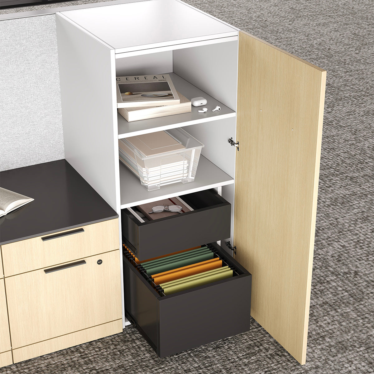171" Sit Stand Desk, L-shaped Office Workstation for Two, angled three quarter view