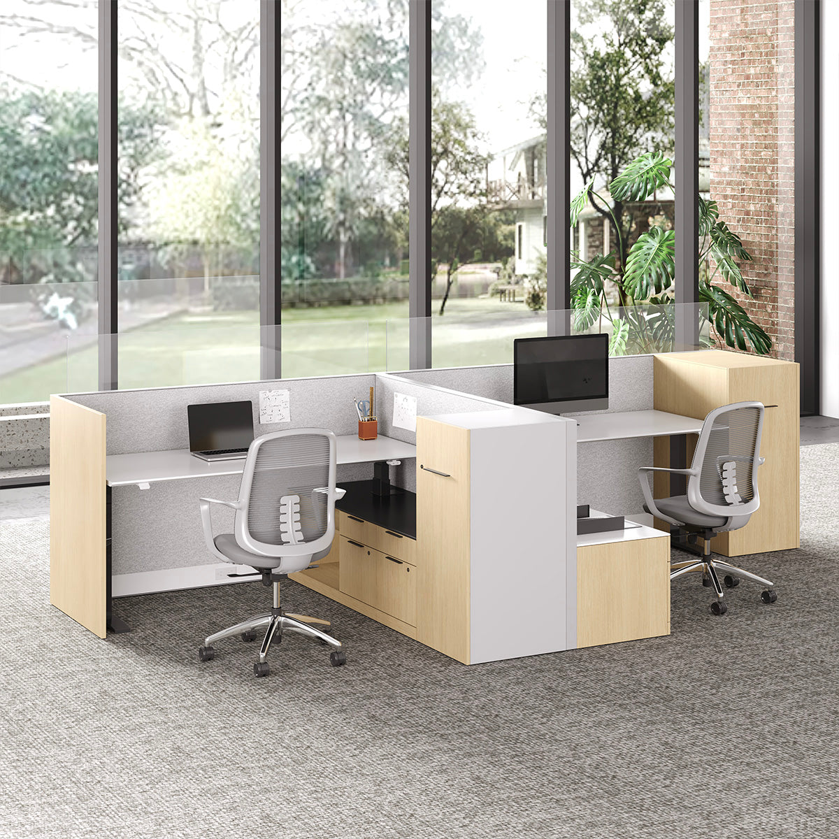 171" Sit Stand Desk, L-shaped Office Workstation for Two, styled in an office