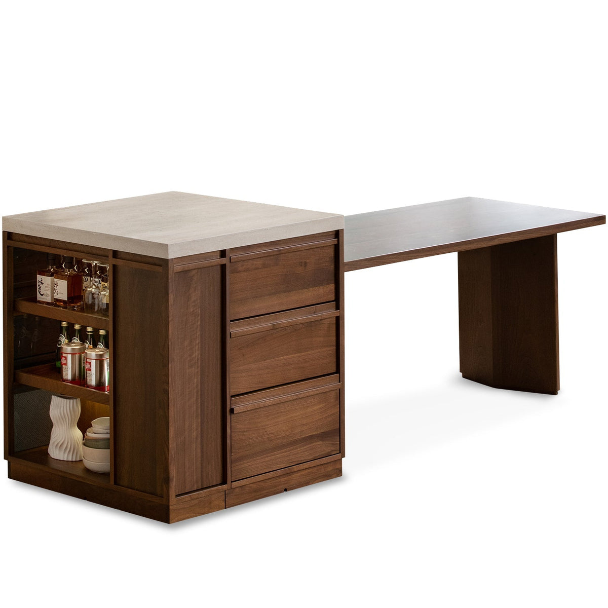 Japandi Walnut Wood Sintered Stone Island Dining Table With Cabinet AXIS