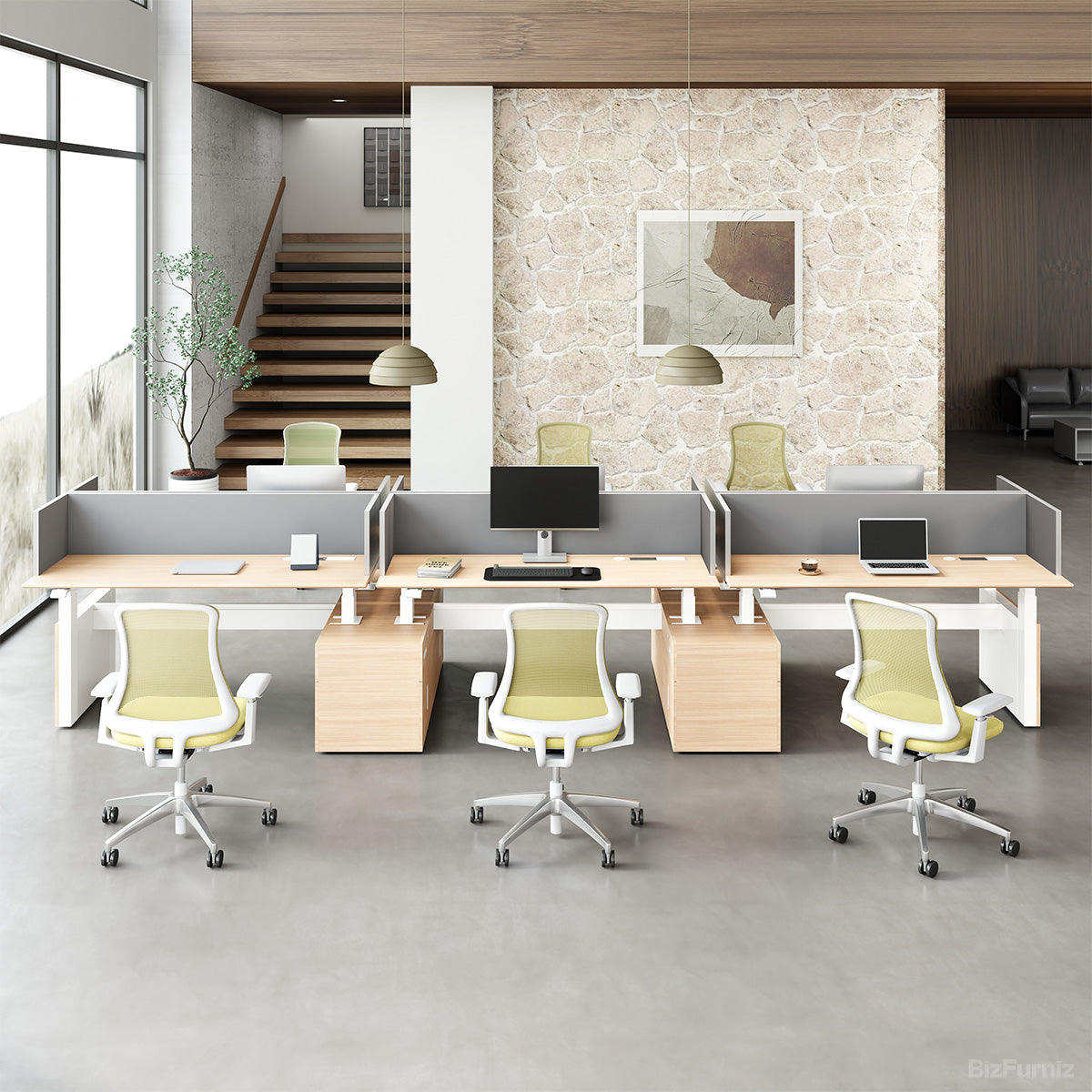 6-person Sit-to-Stand Office Desk, angled three quarter view
